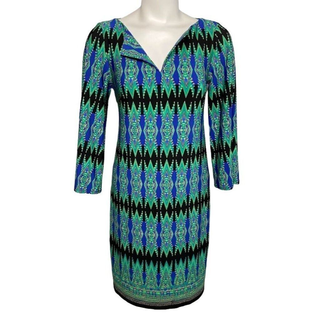 Laundry by Design Green Black Blue Print 3/4 Sleeve Shift Stretch Knit Dress 2